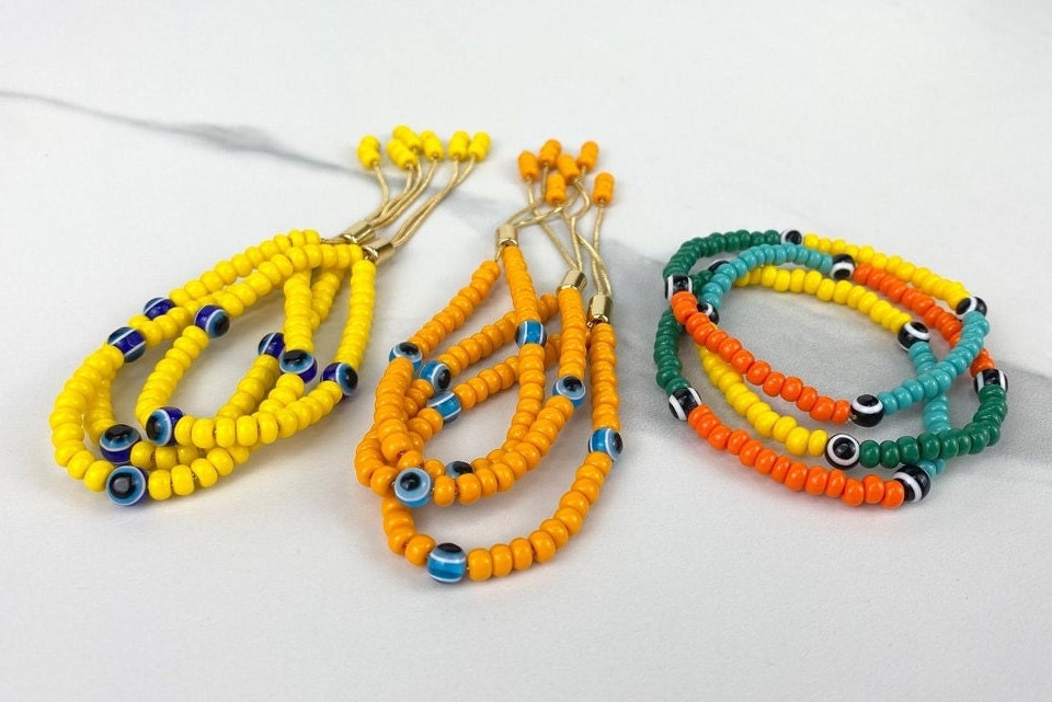 Green, Yellow, Orange and Turquoise Beads, Black Evil Eyes, Colored Adjustable Bracelet Wholesale Jewelry Supplies