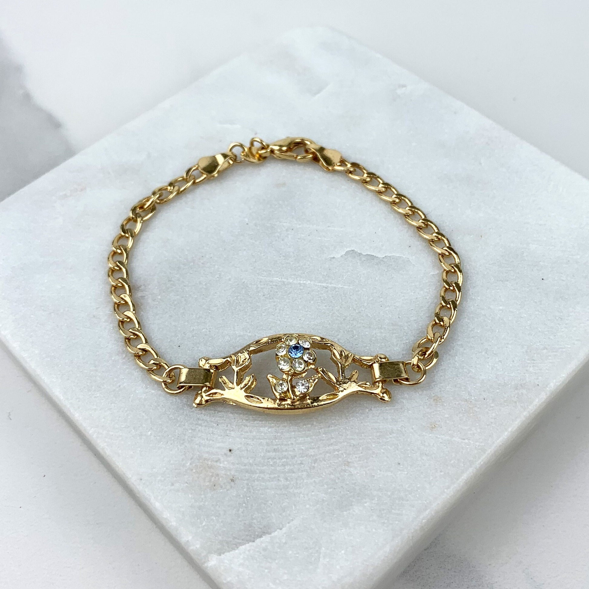 18k Gold Filled 4mm Curb Link, Blue Cubic Zirconia Flower Id Design Kids Bracelet Wholesale Jewelry Supplies