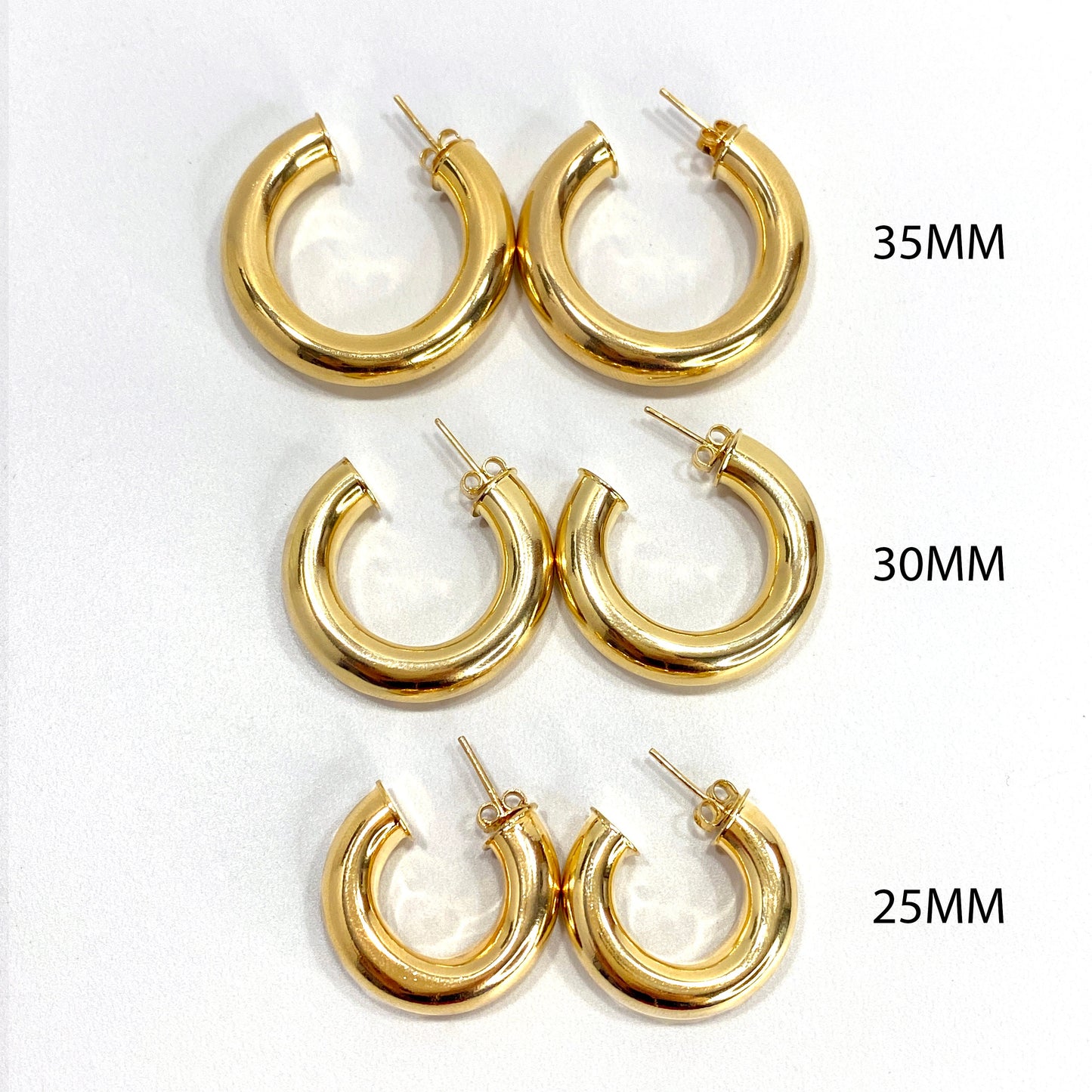 18k Gold Filled Donut Tubular Open Hoop Earrings 35mm, 30mm, 25mm, C-Hoops Push Back Closure Wholesale Jewelry Supplies