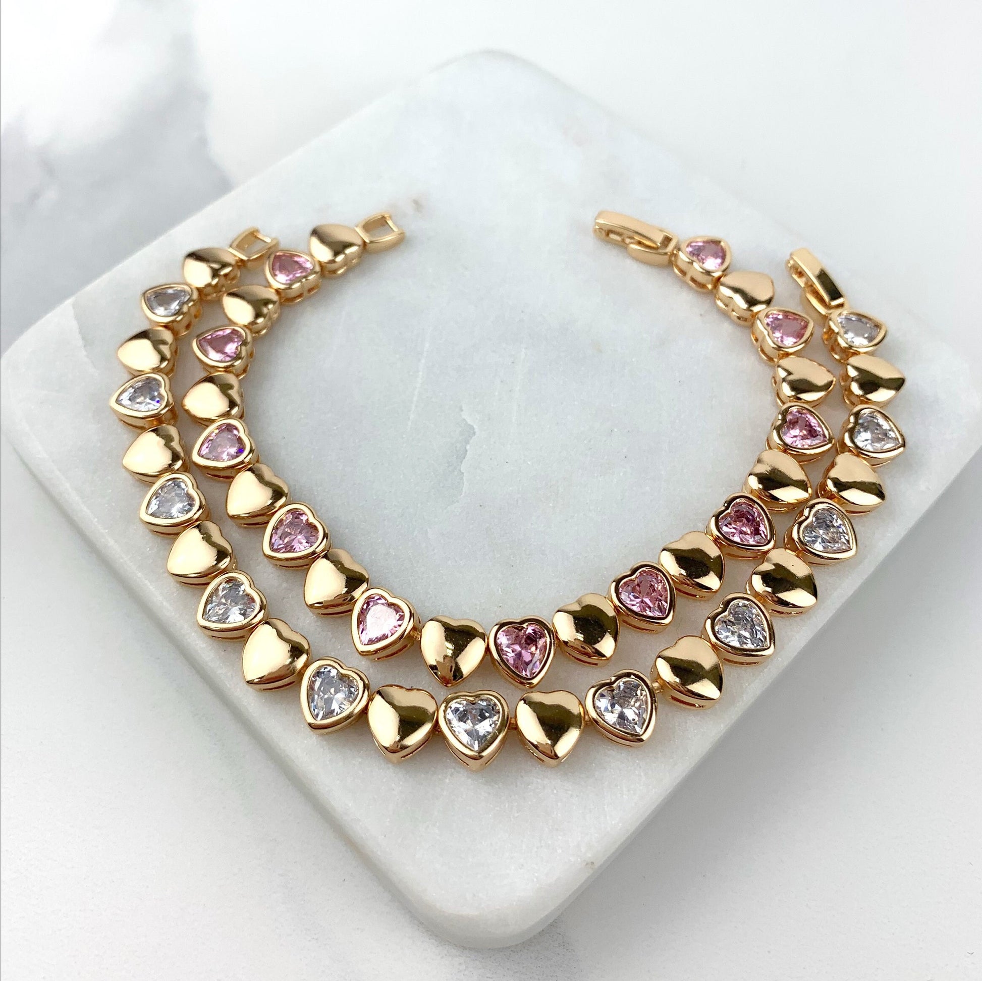 18k Rose Gold Filled Bracelet Featuring Pink or Clear Zirconia, Heart or Circle Shape, Wholesale Jewelry Supplies
