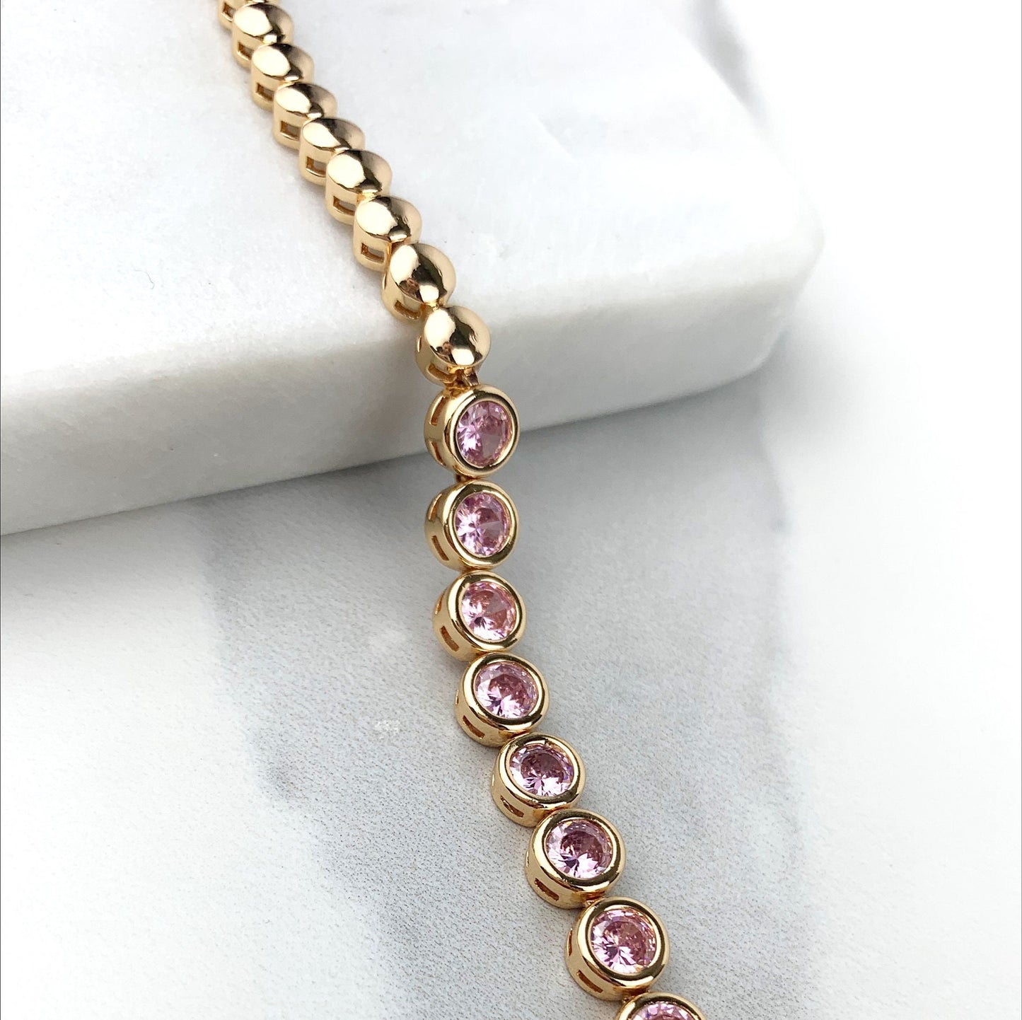 18k Rose Gold Filled Bracelet Featuring Pink or Clear Zirconia, Heart or Circle Shape, Wholesale Jewelry Supplies