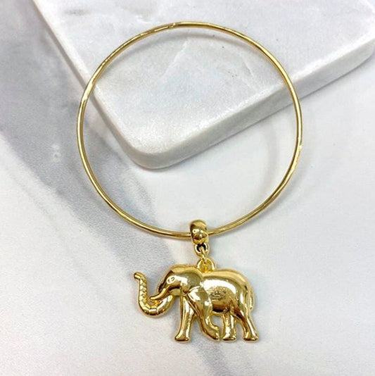 18k Gold Filled Bangle Cuff Bracelet with 3D Elephant Charm, Lucky & Protection Bracelet, Wholesale Jewelry Making Supplies