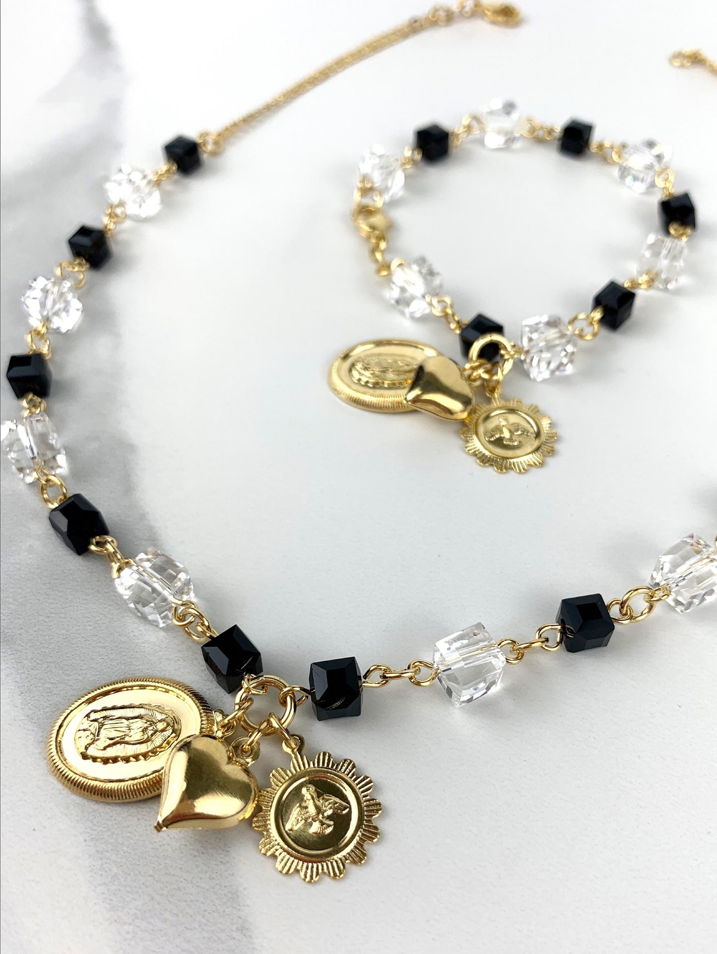 18k Gold Filled Black and Clear Beads Guadalupe Virgin, Dove of Peace, Puffy Heart Charms Necklace and Bracelet Set Wholesale Jewelry