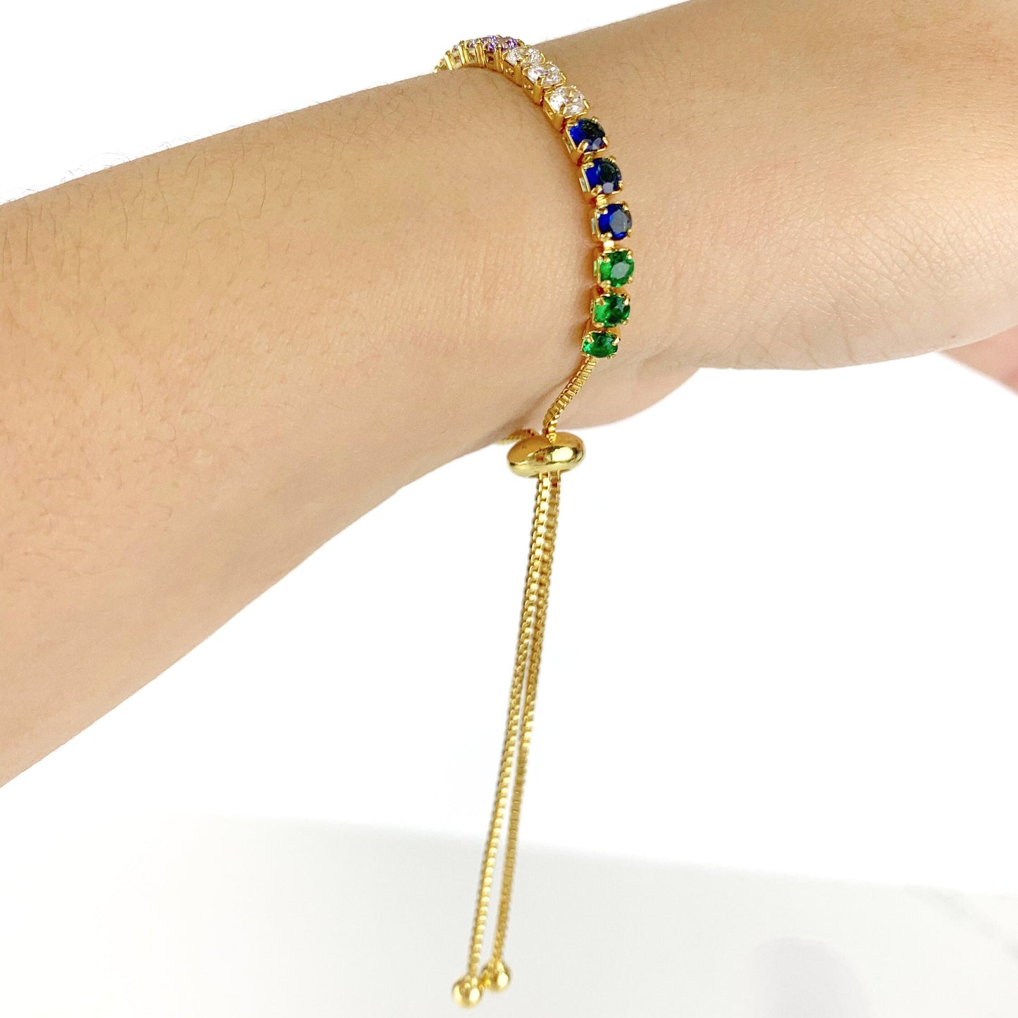 18k Gold Filled Cubic Zirconia Rainbow Tenis Bracelet Featuring Slide Clasp Closure For Wholesale and Jewelry Supplies