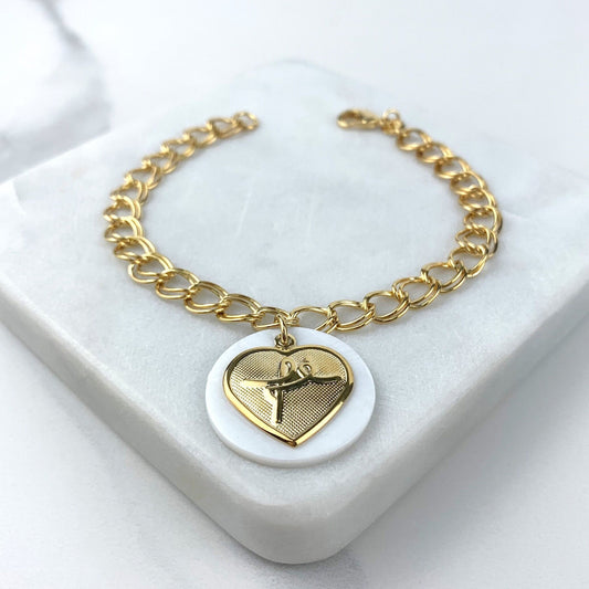 18k Gold Filled 7mm Double Oval Link, Round White Charm, Heart "Fe" Word Letter Dangle Charms Bracelet Wholesale Jewelry Supplies