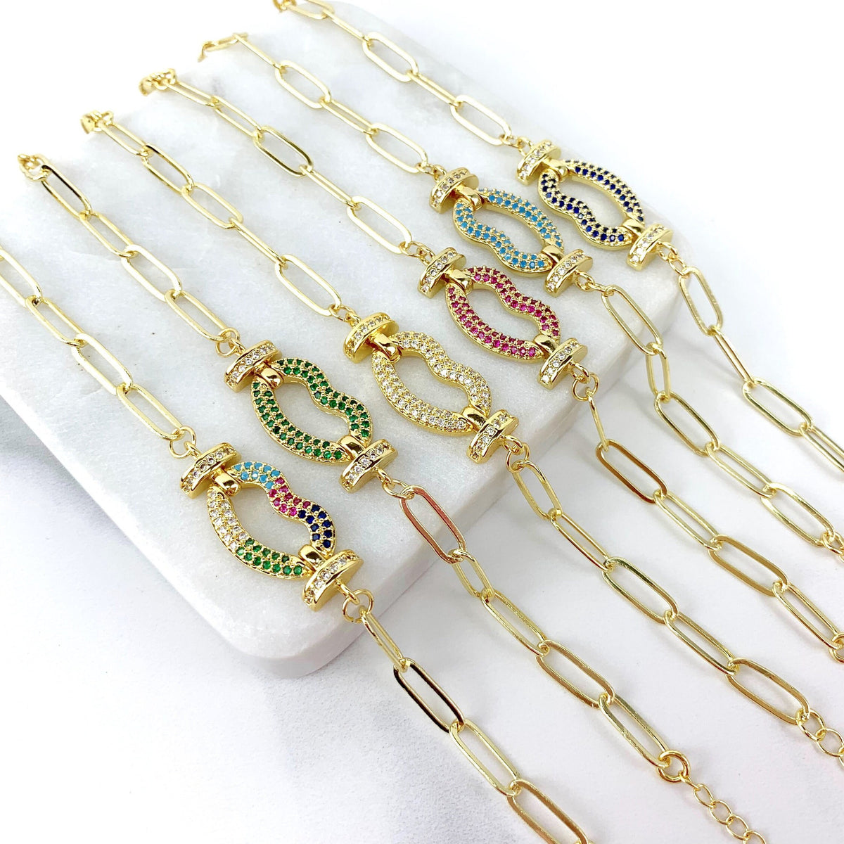 18k Gold Filled Paperclip Link Colored Lips Kiss Micro Pave Cubic Zirconia Bracelet with Extender  Wholesale Jewelry Supplies