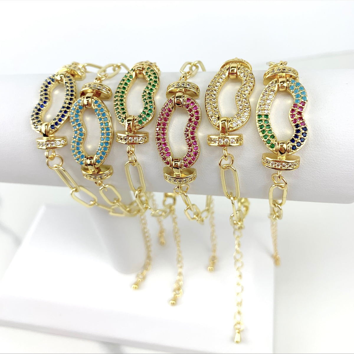18k Gold Filled Paperclip Link Colored Lips Kiss Micro Pave Cubic Zirconia Bracelet with Extender  Wholesale Jewelry Supplies