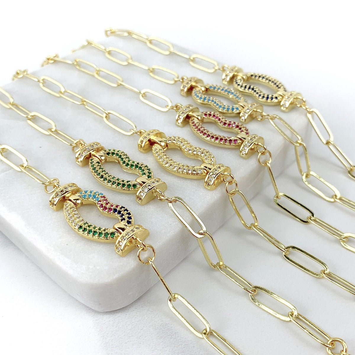 18k Gold Filled Paperclip Link Colored Lips Kiss Micro Pave Cubic Zirconia Bracelet with Extender  Wholesale Jewelry Supplies