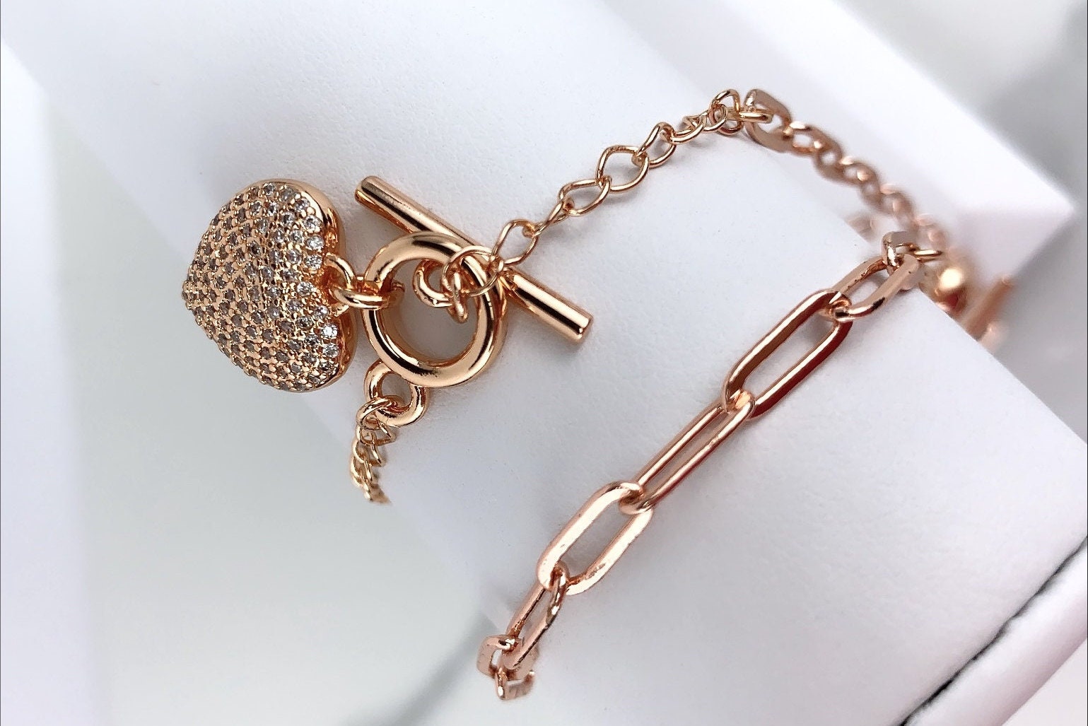 18k Rose Gold Filled Micro Pave Cubic Zirconia Puffy Heart Charm Necklace and Bracelet Set Featuring Toggle Clasp Wholesale Jewelry Supplies