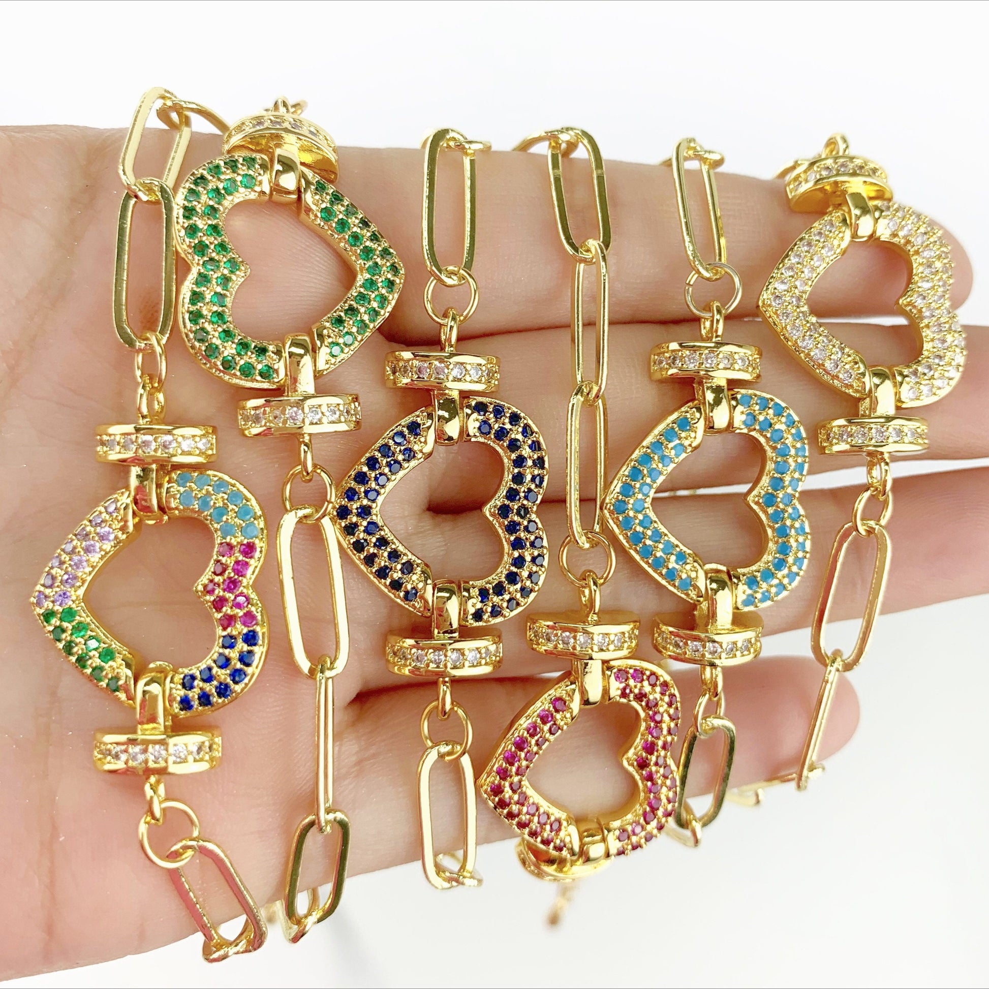18k Gold Filled Paperclip Link Colored Heart Micro Pave Cubic Zirconia Bracelet with Extender for Wholesale Jewelry Supplies