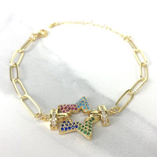 18k Gold Filled Paperclip Link Colored Star Micro Pave Cubic Zirconia Bracelet with Extender Wholesale Jewelry Supplies