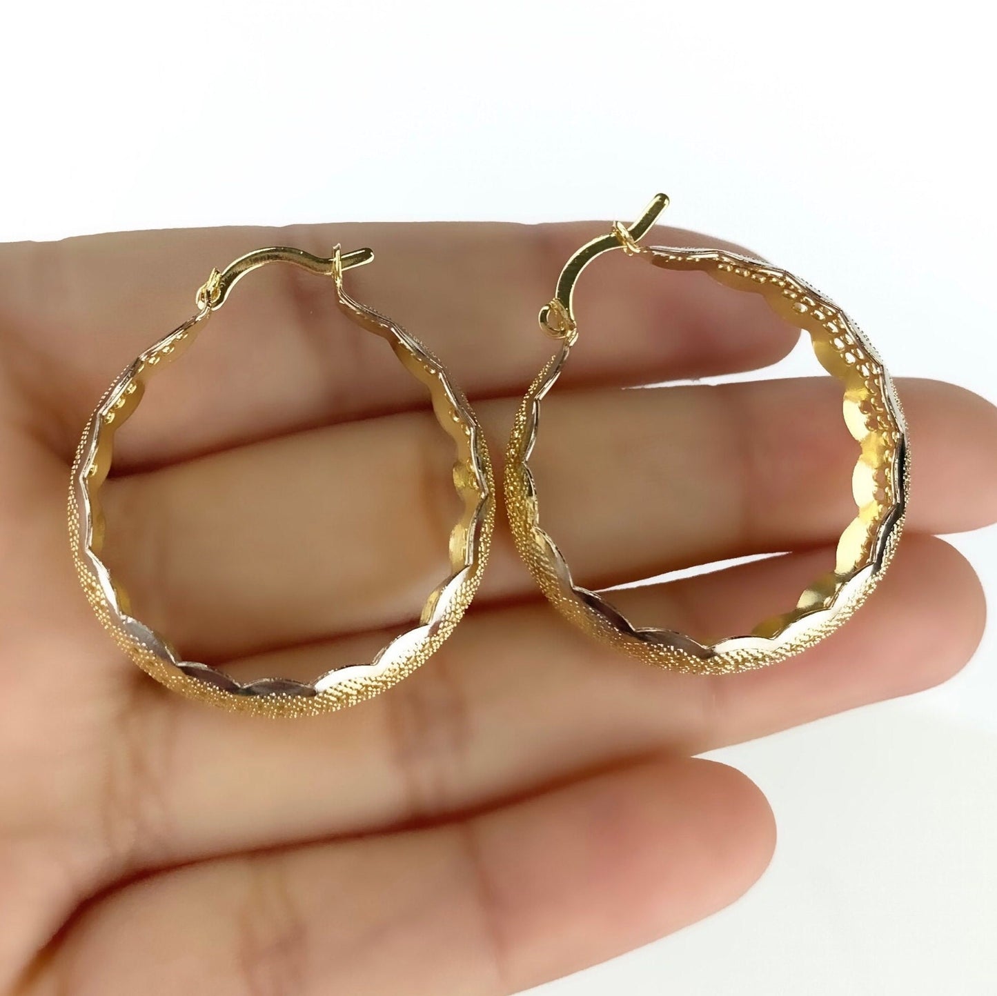 18k Gold Filled 27mm Hoop Earrings, Two Tone with Lace Texture, Wholesale Jewelry Making Supplies