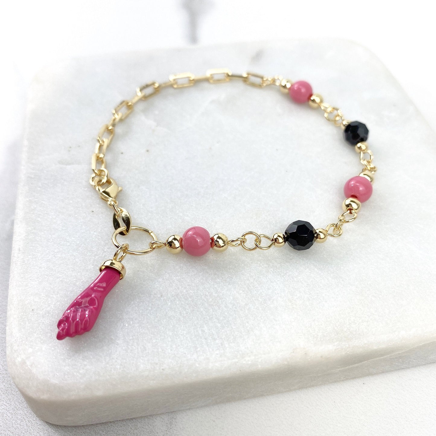 18k Gold Filled Paper Clip Link Pink Beads, Simulated Azabache, Figa Hand Charm Bracelet, Luck Protection, Wholesale Jewelry Supplies