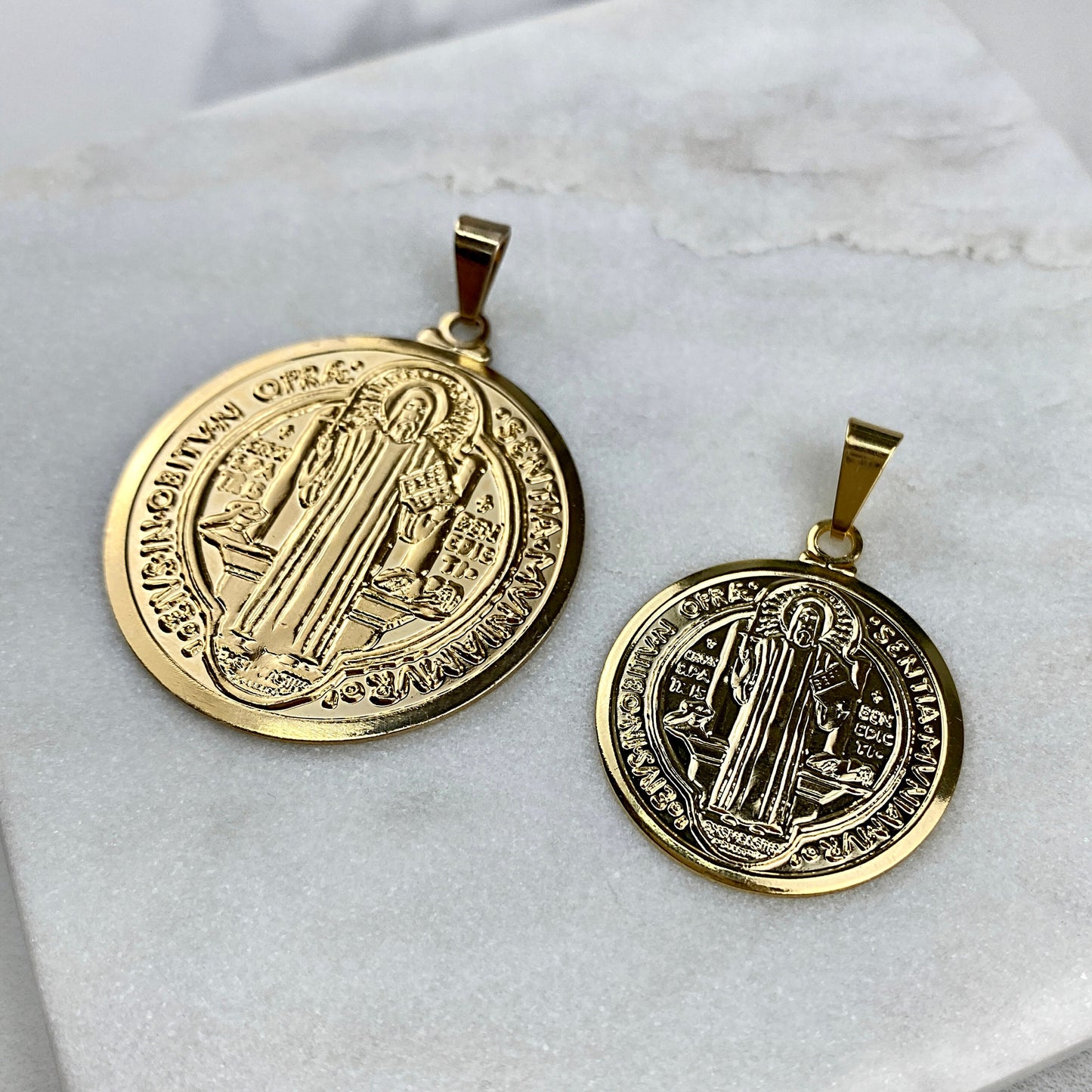 18k Gold Filled San Benito Coin, 2 Sided Round Pendant Charms, Reversible San Benito, Catholic Jewelry, for Wholesale and Jewelry Supplies