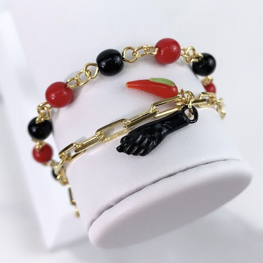 18k Gold Filled Paper Clip Link and Black & Red Beads, Double Chain, Figa Hand Chili Charm Bracelet, Wholesale and Jewelry Supplies