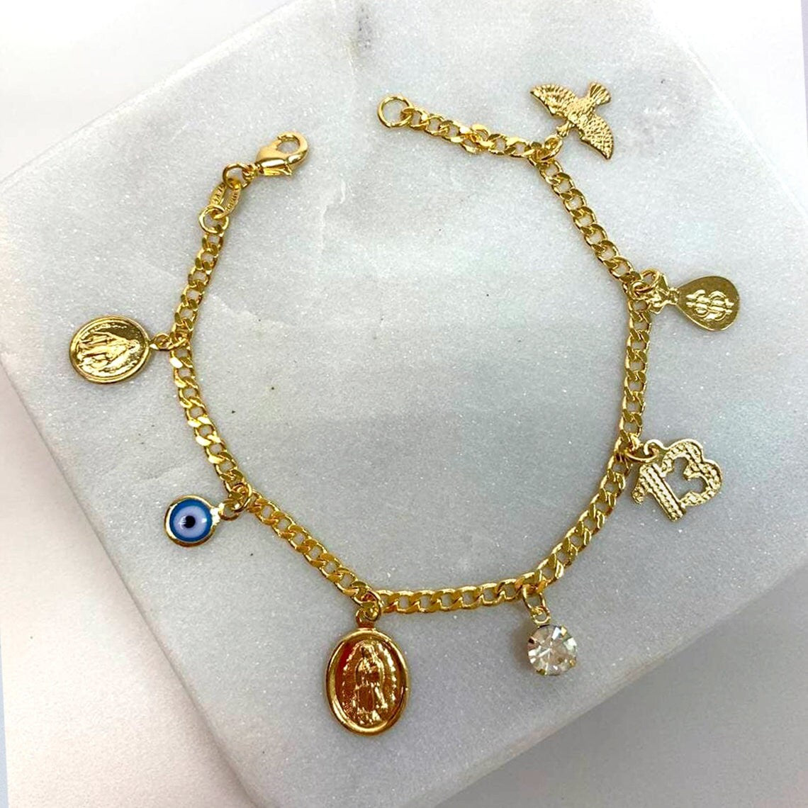 18k Gold Filled 3mm Curb Link Miraculous, Lady of Guadalupe, Greek Eyes, 13, Money Bag, Dove, Charms Bracelet, Wholesale Jewelry Supplies
