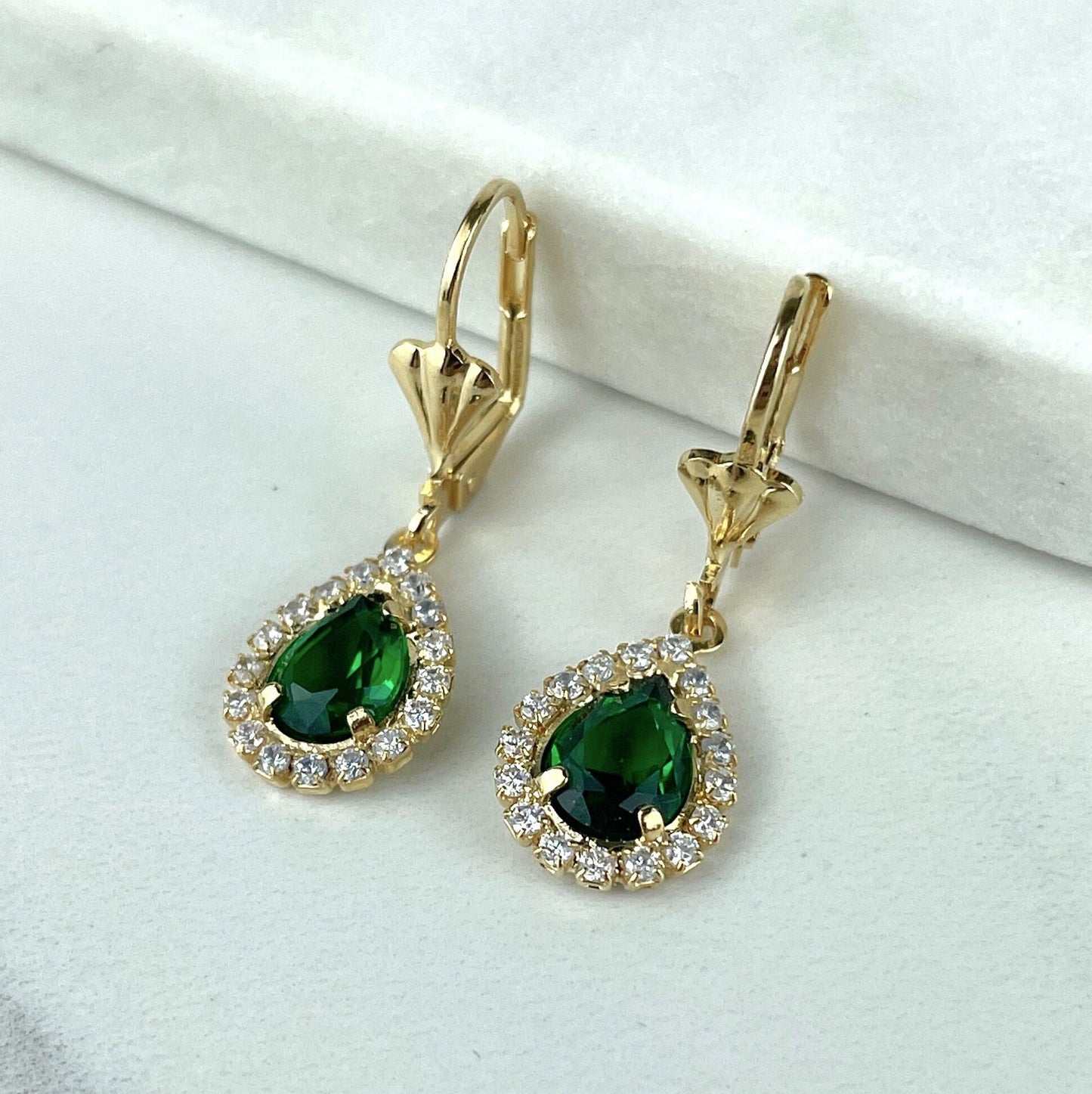 18k Gold Filled Cubic Zirconia Teardrop Dangle Earrings, White, Navy Blue, Green or Black, Wholesale Jewelry Making Supplies