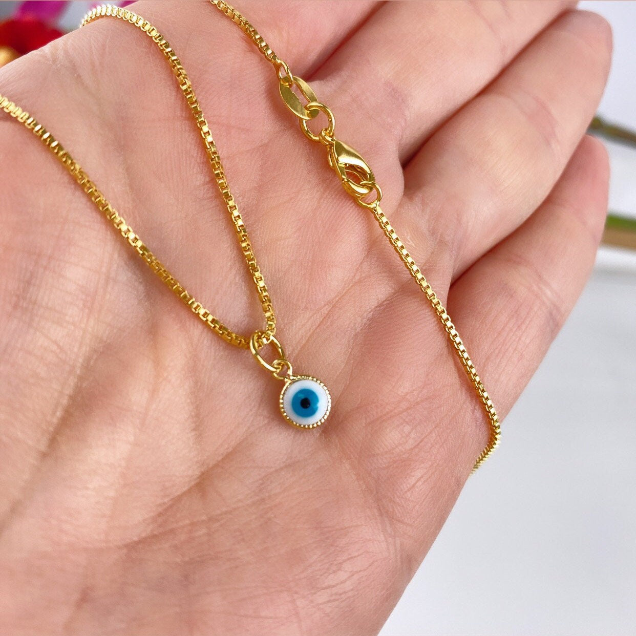 18k Gold Filled 1mm Box Chain Necklace with Greek Eye, Evil Eyes Pendant Charms, Protection & Lucky, for Wholesale and Jewelry Supplies