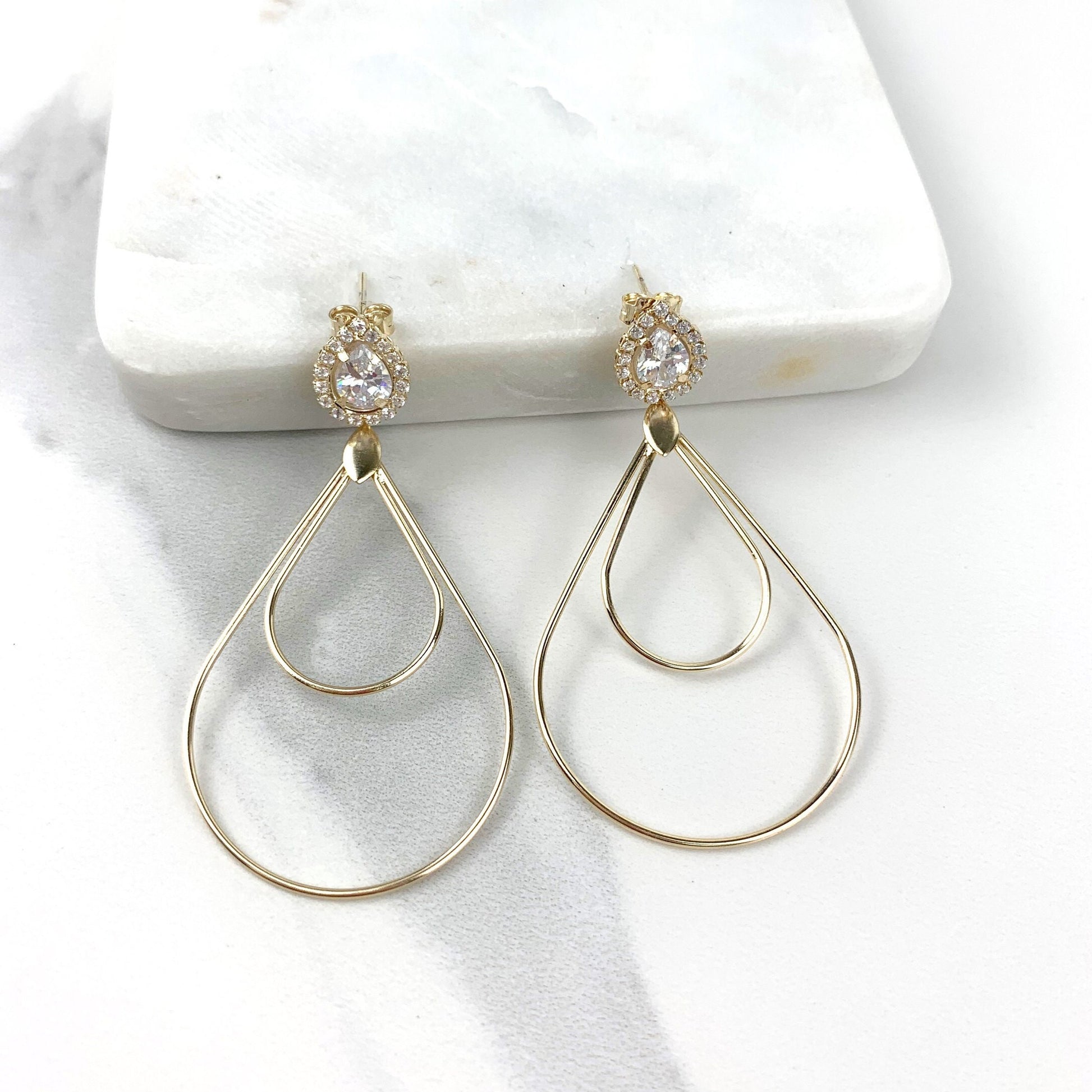 18k Gold Filled Pear Cubic Zirconia with Double Dangling Teardrop Earrings Wholesale Jewelry Making Supplies