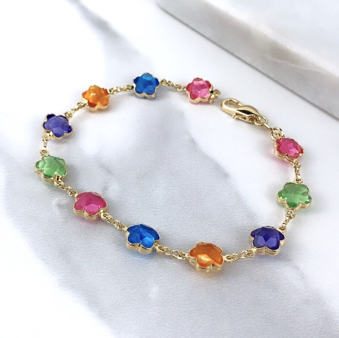 Mommy and Me Matching Jewelry | 18k Gold Filled Curb Link Colored Flower Kids Bracelet or Colored Mother Bracelet Wholesale Jewelry Supplies