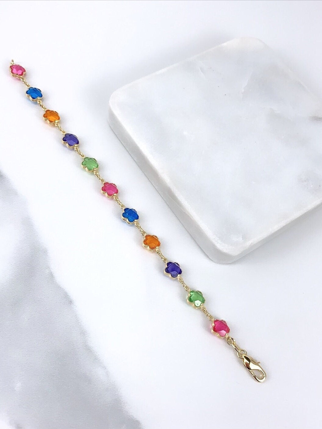 Mommy and Me Matching Jewelry | 18k Gold Filled Curb Link Colored Flower Kids Bracelet or Colored Mother Bracelet Wholesale Jewelry Supplies