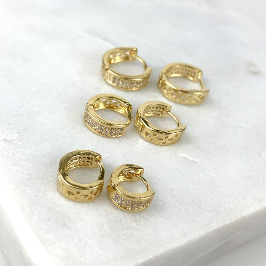 18k Gold Filled Huggies Earrings Featuring Cubic Zirconia Stones Height Available in S, M & L Wholesale Jewelry Supplies