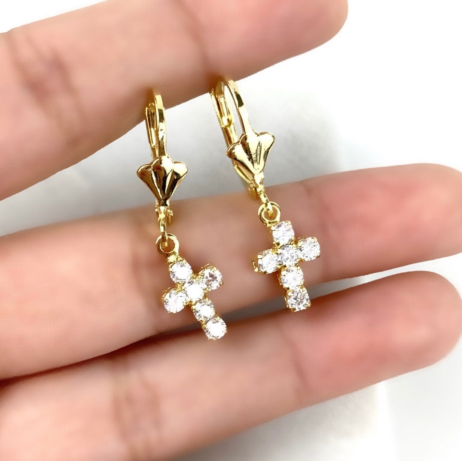 18k Gold Filled Cubic Zirconia Cross Lever Back Earrings Wholesale Jewelry Making Supplies