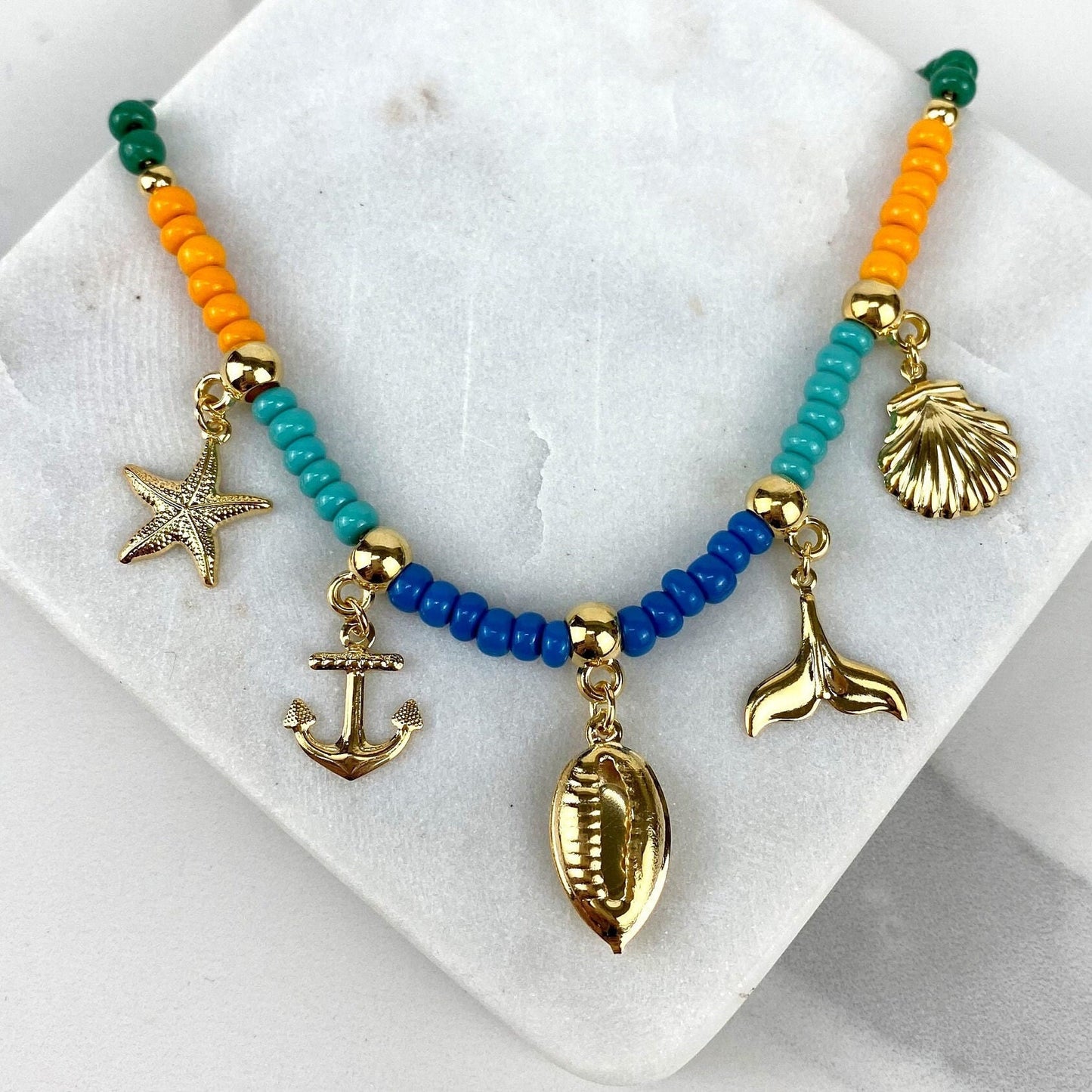 18k Gold Filled Ocean Marine Theme Charms And Colored Beads Necklace - Anchor, Cowry, Shell, Starfish, Whale Tail Wholesale Jewelry Supplies