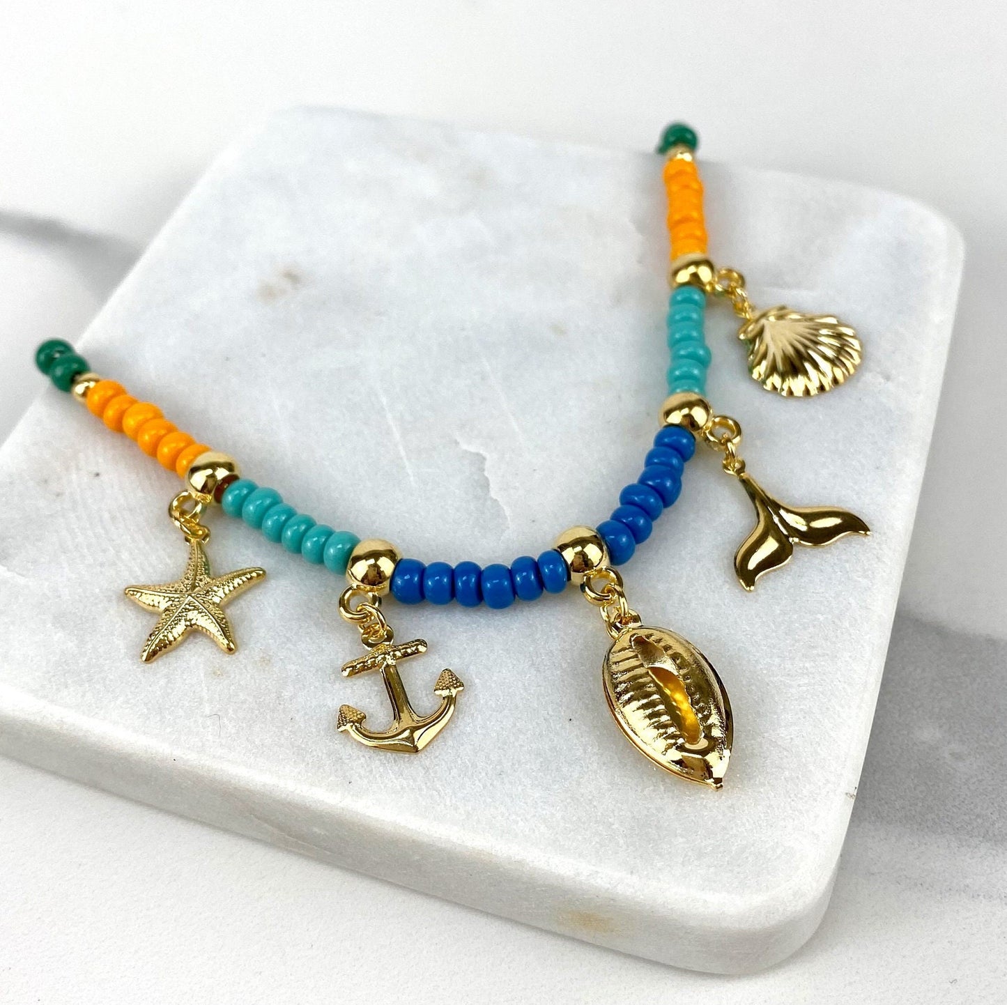 18k Gold Filled Ocean Marine Theme Charms And Colored Beads Necklace - Anchor, Cowry, Shell, Starfish, Whale Tail Wholesale Jewelry Supplies
