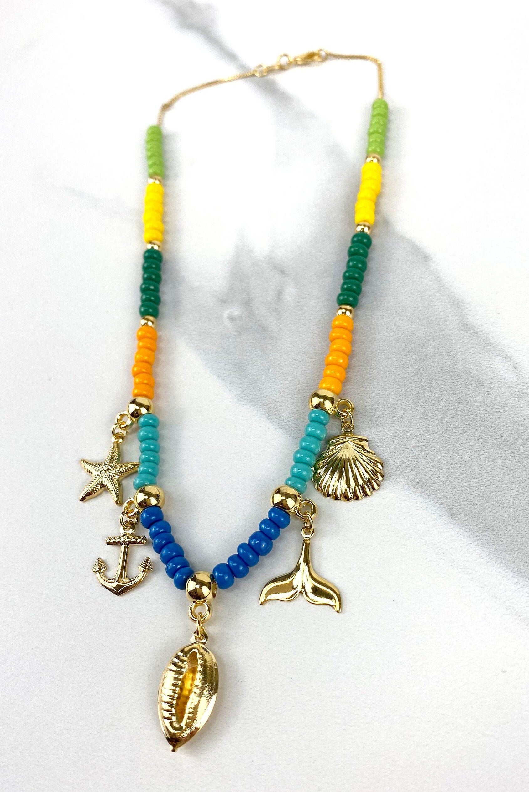 18k Gold Filled Ocean Marine Theme Charms And Colored Beads Necklace - Anchor, Cowry, Shell, Starfish, Whale Tail Wholesale Jewelry Supplies