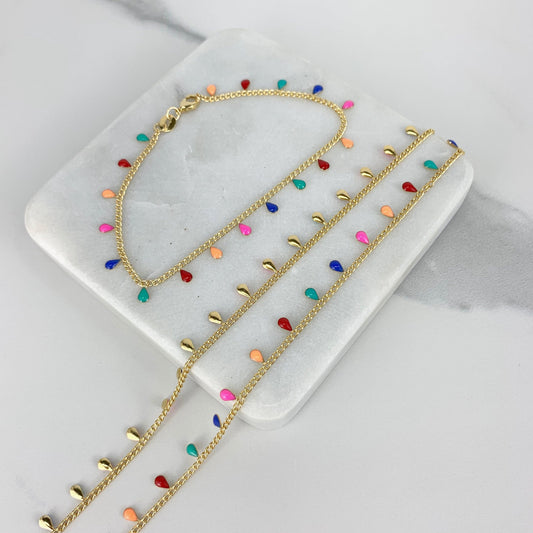 18k Gold Filled Curb Link Chain Featuring Enamel Multicolored Teardrop Fringe Necklace, Bracelet or Anklet Wholesale Jewelry Supplies