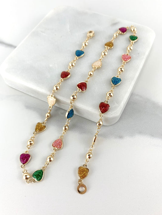 18k Gold Filled Ball Chain with Colorful Sparkle Hearts Simulated Druse Necklace Wholesale Jewelry Supplies