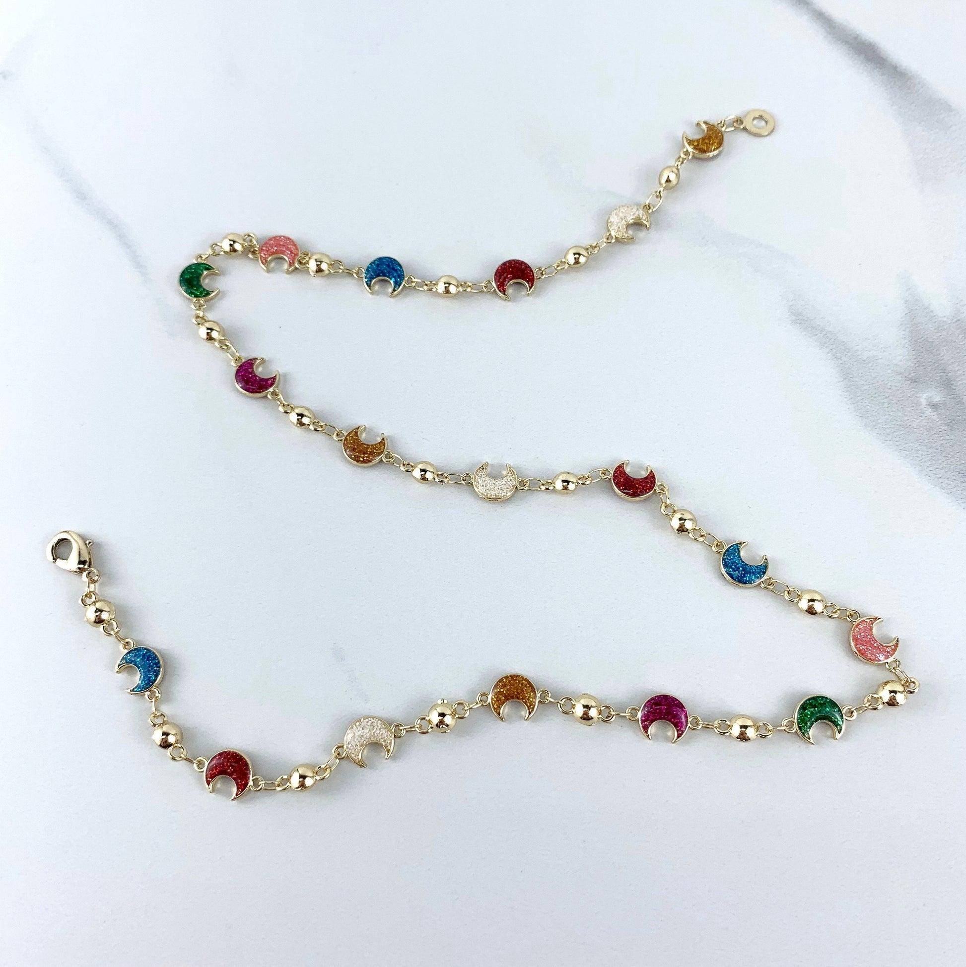 18k Gold Filled Bead Chain Featuring Colorful Sparkle Moon Simulated Druse Stones Necklace Wholesale Jewelry Supplies