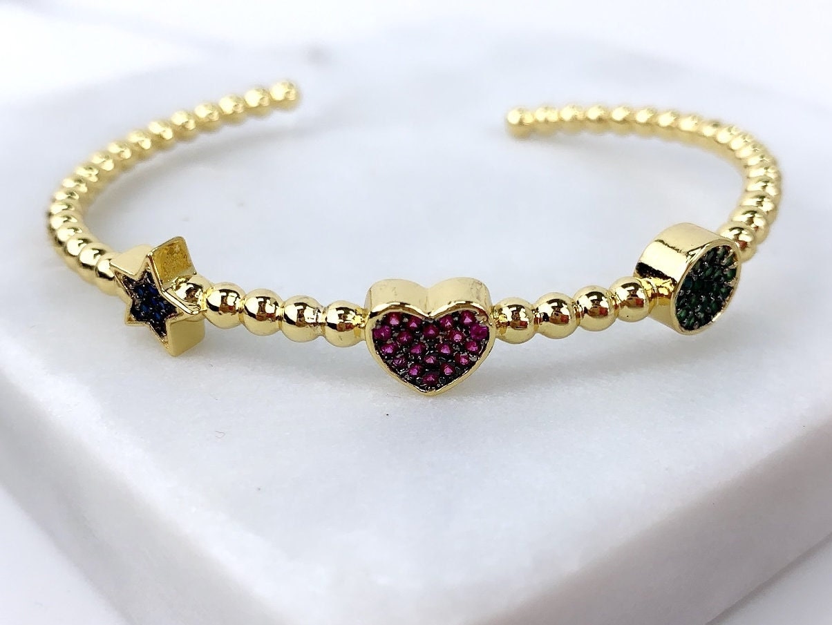 18k Gold Filled Cubic Zirconia Pink Heart, Blue Star, Green Circle, Beads Cuff Bracelet for Wholesale Jewelry Supplies