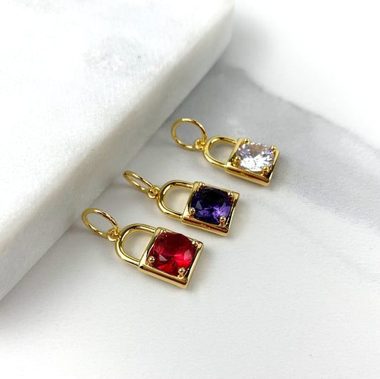 18k Gold Filled, Cubic Zirconia Red, Clear or Purple Lock Pendant Charms Wholesale Jewelry Making Supplies
