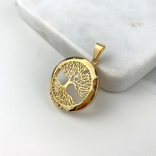 18k Gold Filled Cutout Tree of Life "Vida" Medal, Round, Coin Charms Pendant, Wholesale Jewelry Making Supplies