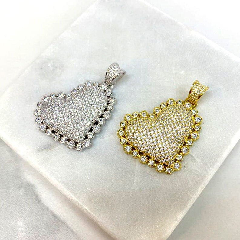 18k Gold Filled Cubic Zirconia, Pave, Heart Pendant Charms, Gold or Silver, Wholesale Jewelry Making Supplies