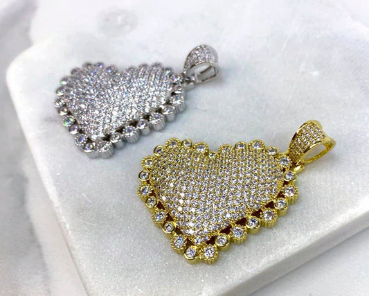 18k Gold Filled Cubic Zirconia, Pave, Heart Pendant Charms, Gold or Silver, Wholesale Jewelry Making Supplies