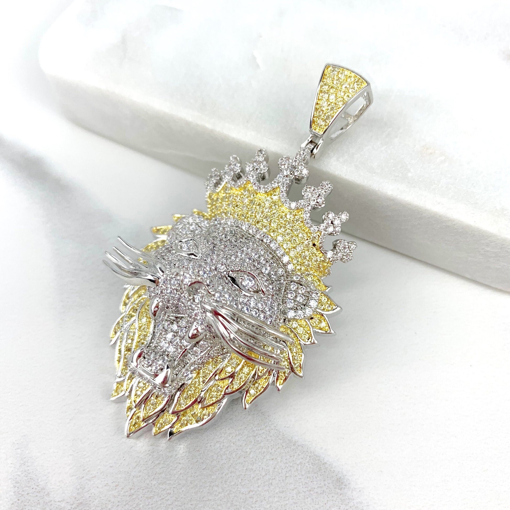 18k Gold Filled Micro Pave Cubic Zirconia Lion Head With Crown Pendant, Hip Hop, Men's Jewelry, Wholesale Jewelry Making Supplies
