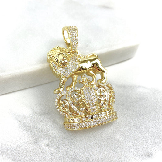 18k Gold Filled Cubic Zirconia, Pave, The Lion & The Crown Pendant Charms, Hip Hop, Men's Jewelry,  Wholesale Jewelry Making Supplies
