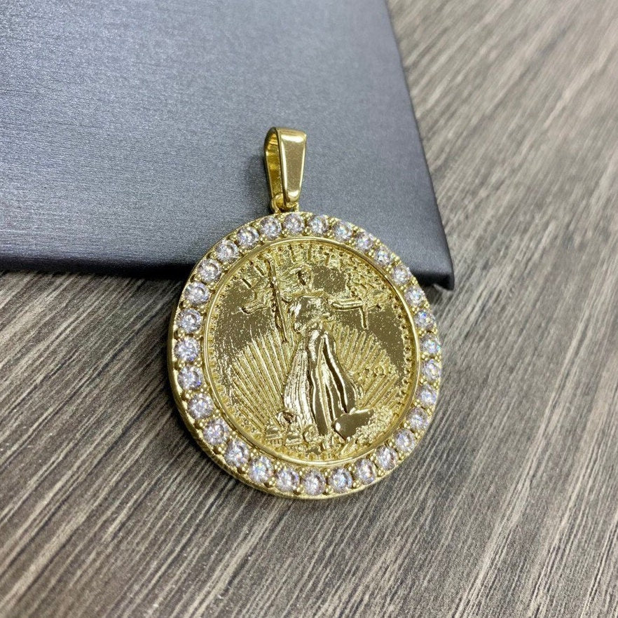 18k Gold Filled Lady Liberty Coin Pendant Surrounded By Cubic Zirconia Stones Wholesale Jewelry Making Supplies