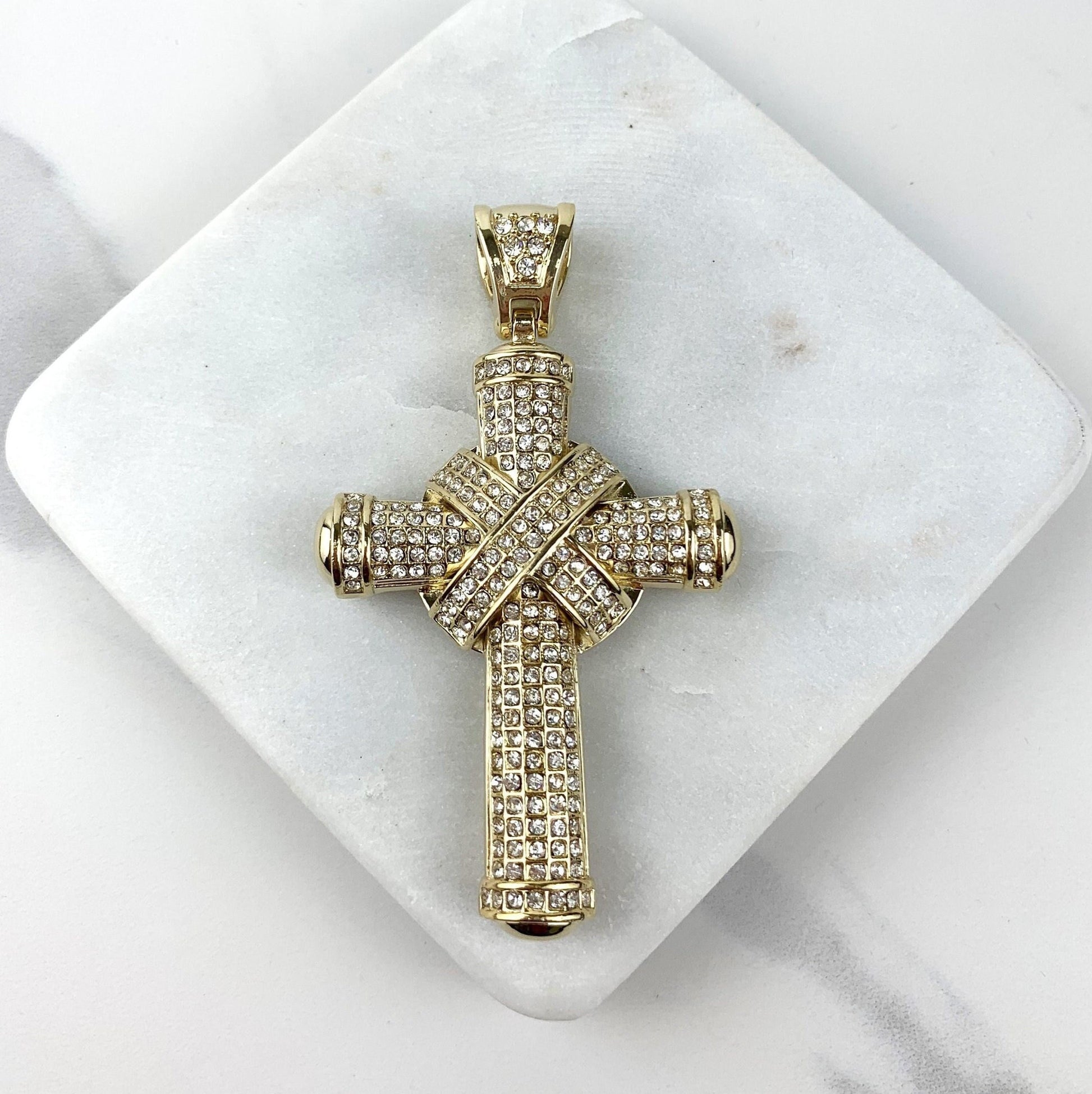 18k Gold Filled Iced Wrap Cross Pendant Featuring Clear Cubic Zirconia Wholesale Jewelry Supplies