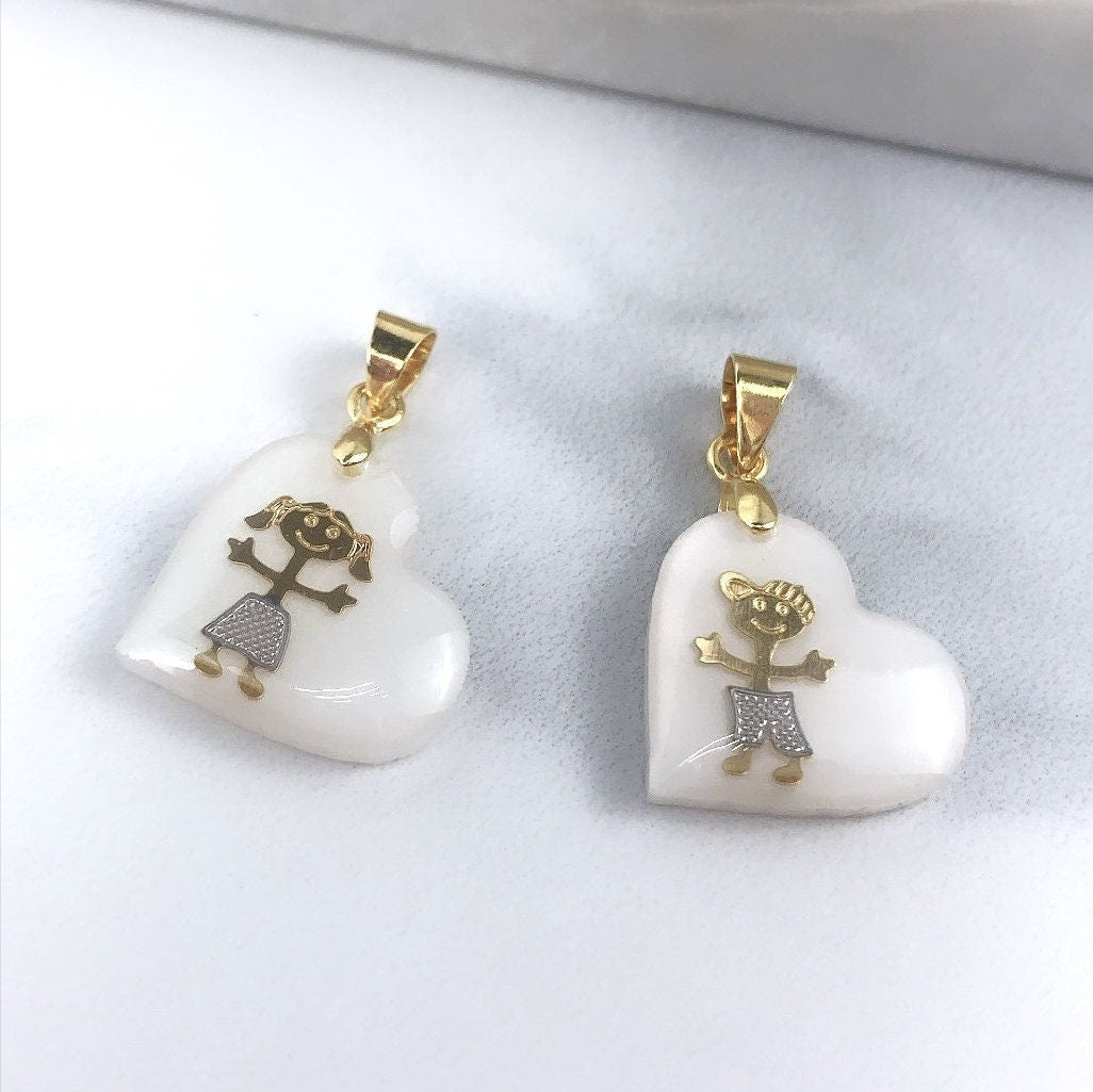 18k Gold Filled Simulate White Opal Heart Charms Featuring Embedded Graphic Boy or Girl Design Wholesale Jewelry Making Supplies