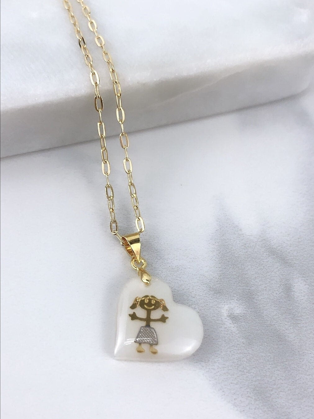 18k Gold Filled Simulate White Opal Heart Charms Featuring Embedded Graphic Boy or Girl Design Wholesale Jewelry Making Supplies