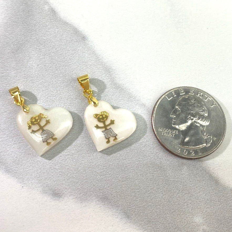 18k Gold Filled Simulate White Opal Heart Charms Featuring Embedded Graphic Boy or Girl Design Wholesale Jewelry Making Supplies