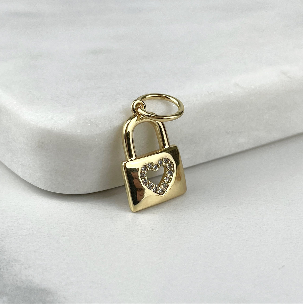 18k Gold Filled Lock Charms Featuring Micro Pave Cubic Zirconia In Clear, Multicolor or Heart Detail Wholesale Jewelry Making Supplies