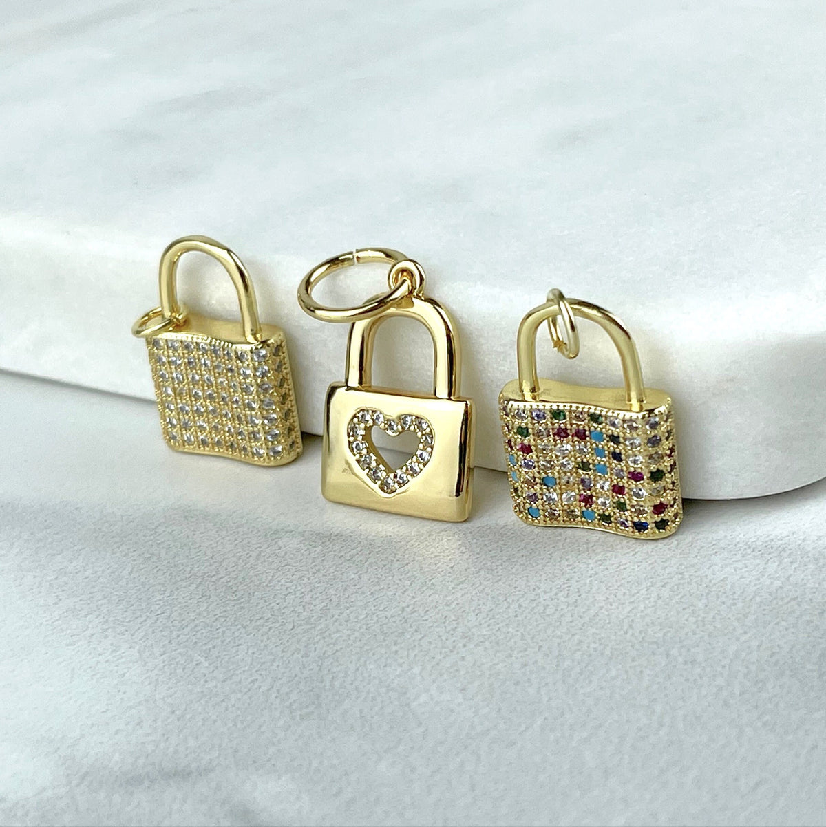 18k Gold Filled Lock Charms Featuring Micro Pave Cubic Zirconia In Clear, Multicolor or Heart Detail Wholesale Jewelry Making Supplies