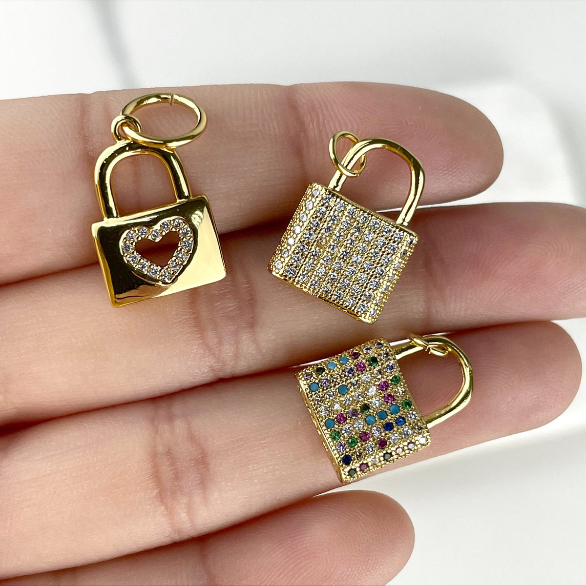 18k Gold Filled Lock Charms Featuring Micro Pave Cubic Zirconia In Clear, Multicolor or Heart Detail Wholesale Jewelry Making Supplies