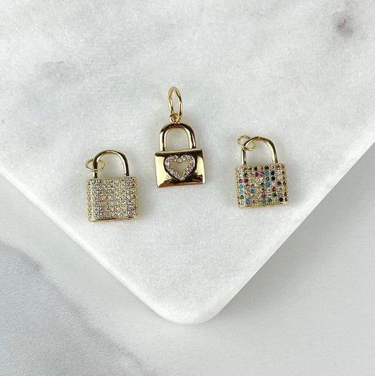 18k Gold Filled Lock Charms Featuring Micro Pave Cubic Zirconia In Clear, Multicolor or Heart Detail Wholesale Jewelry Making Supplies