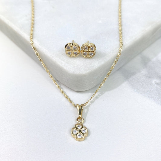 18k Gold Filled 1.5mm Anchor Chain Necklace with Cubic Zirconia Petite Flower Pendant & Stud Earrings Set Wholesale Jewelry Supplies